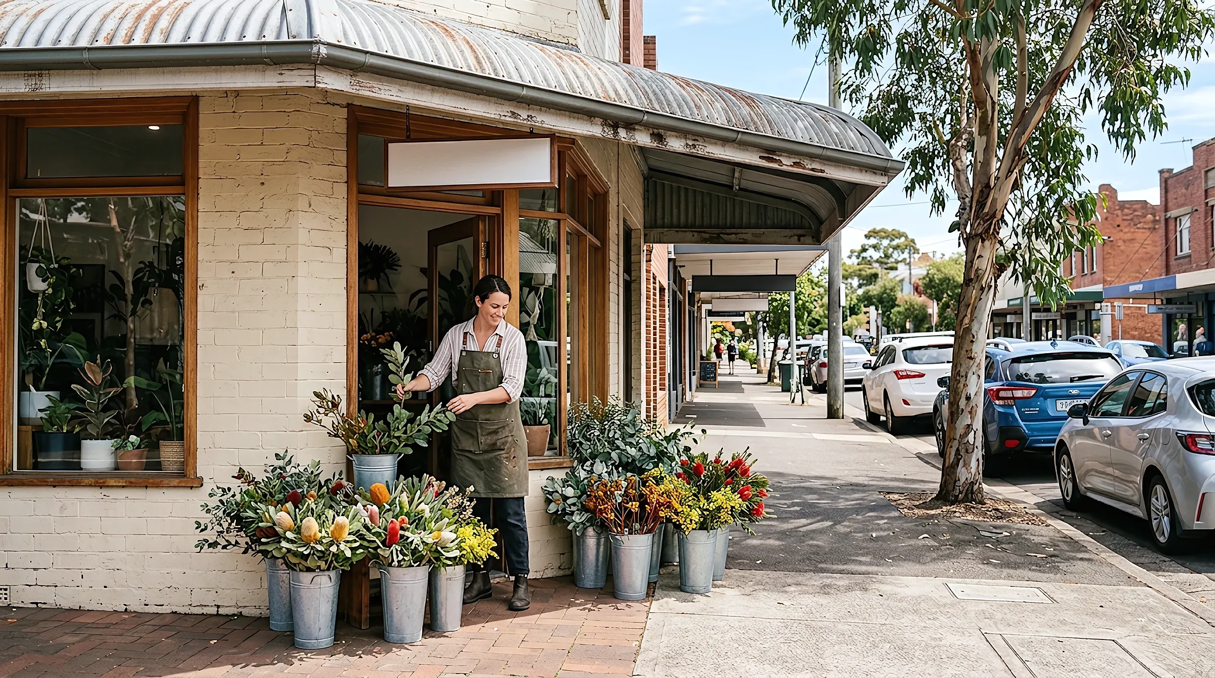 A florist arranging buckets of native flowers in her shop doorway