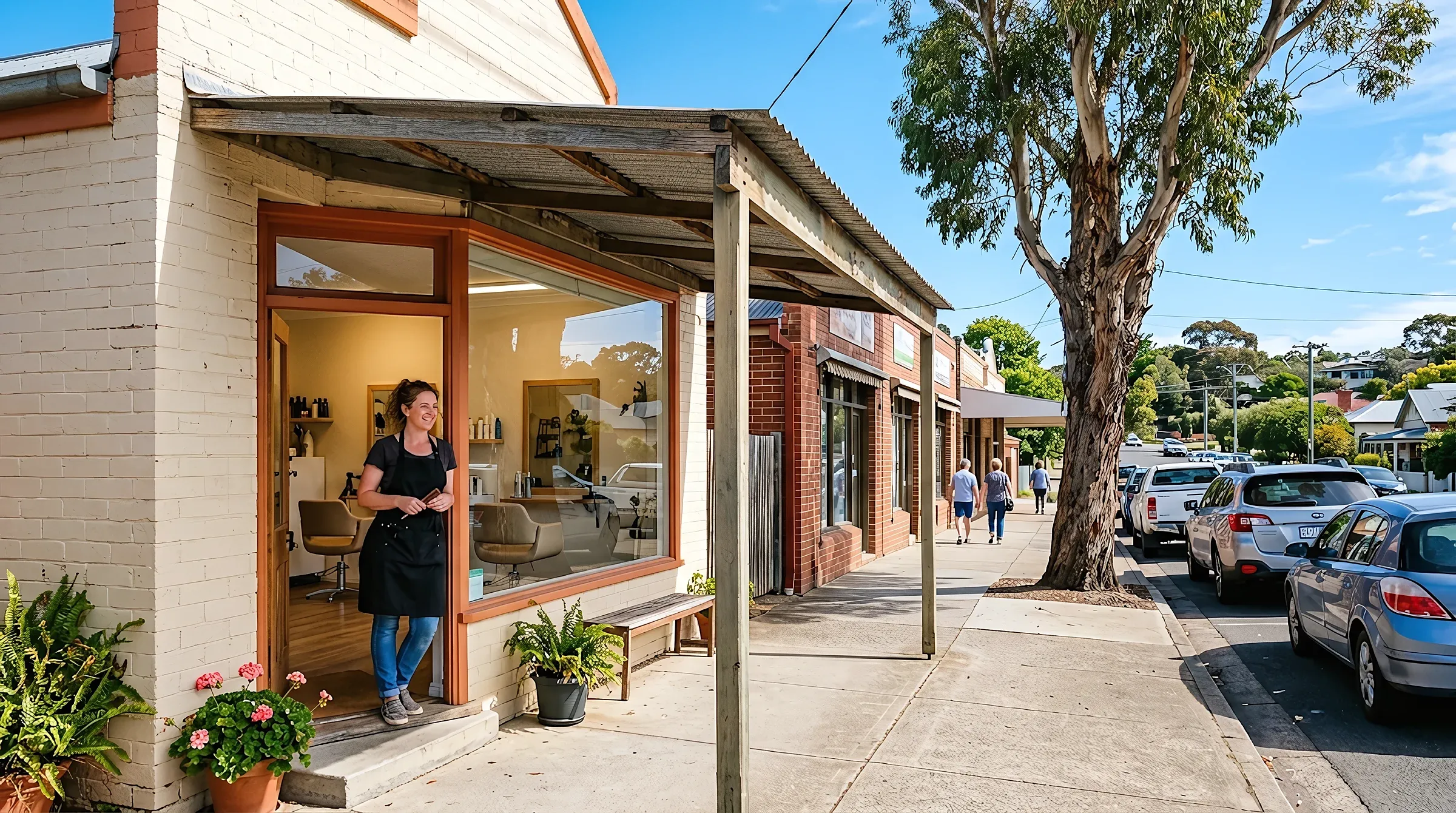 A hairdresser in the open doorway of her salon on a suburban shopping strip