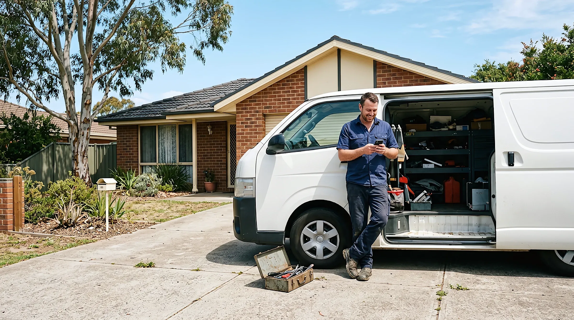 A mobile mechanic checking his phone beside his service van in a suburban driveway