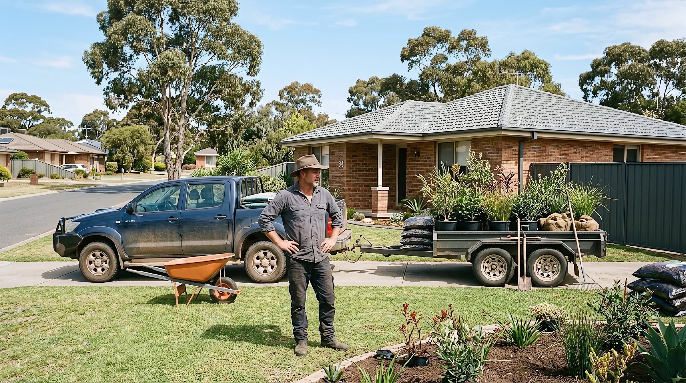 A landscaping business owner beside his ute and trailer on a suburban front lawn