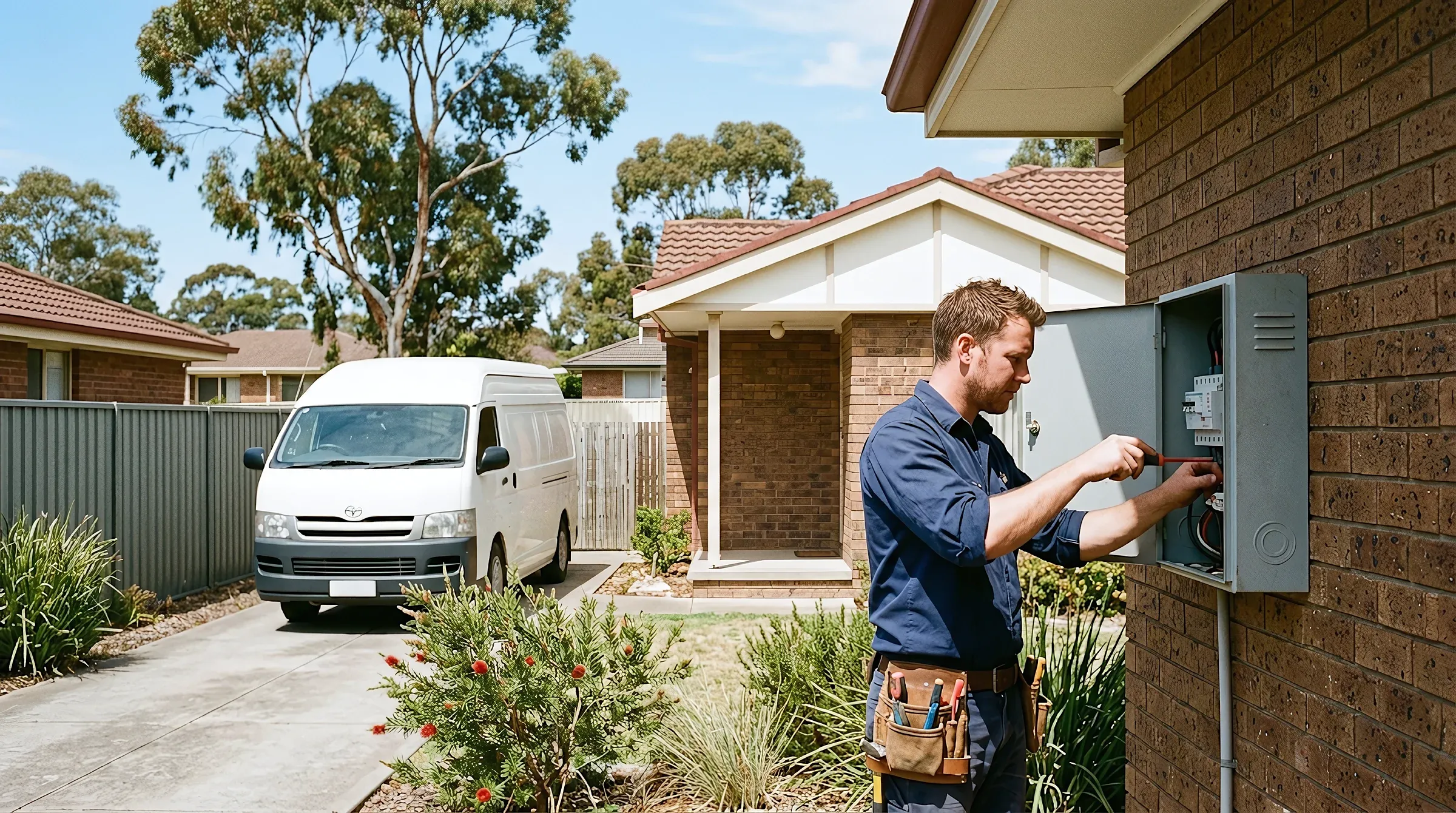 An electrician at a switchboard on a brick home, his van in the driveway