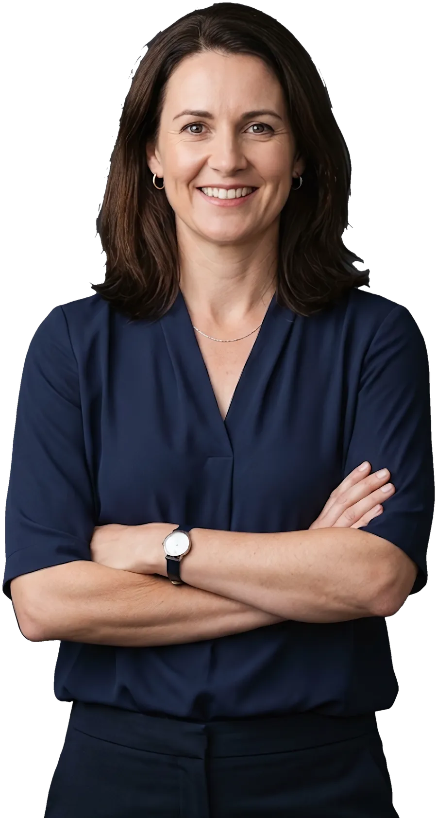 An accountant in a navy blouse, arms crossed, smiling