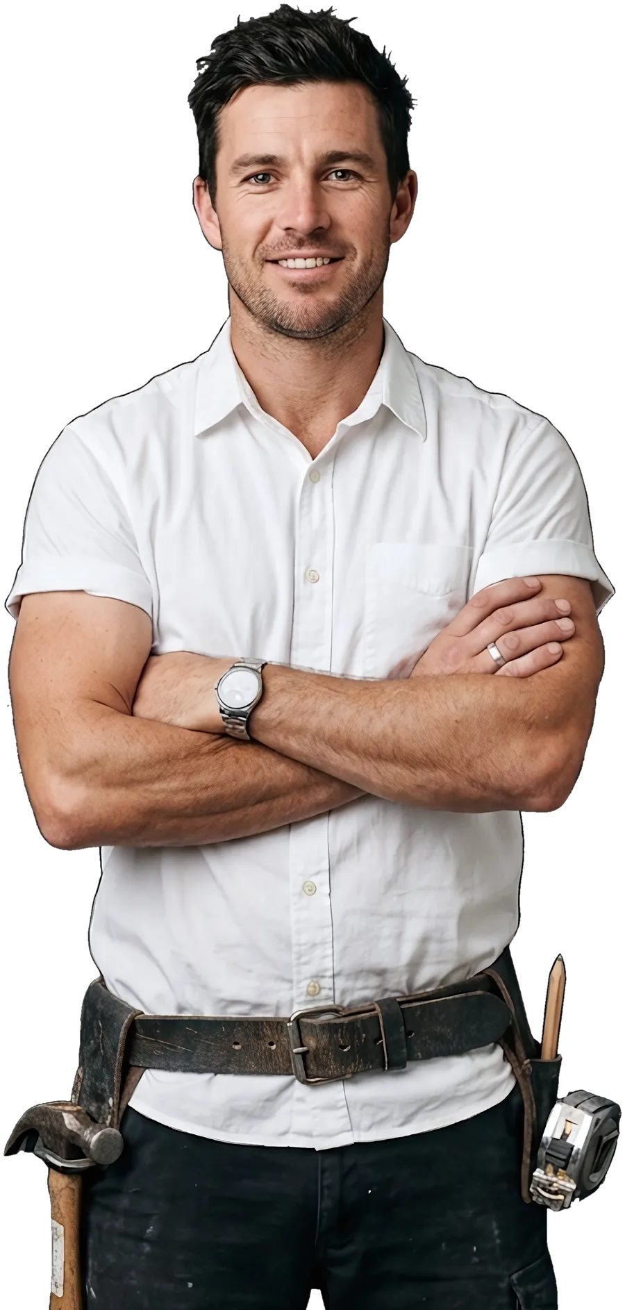 A builder in a work shirt, arms crossed, smiling