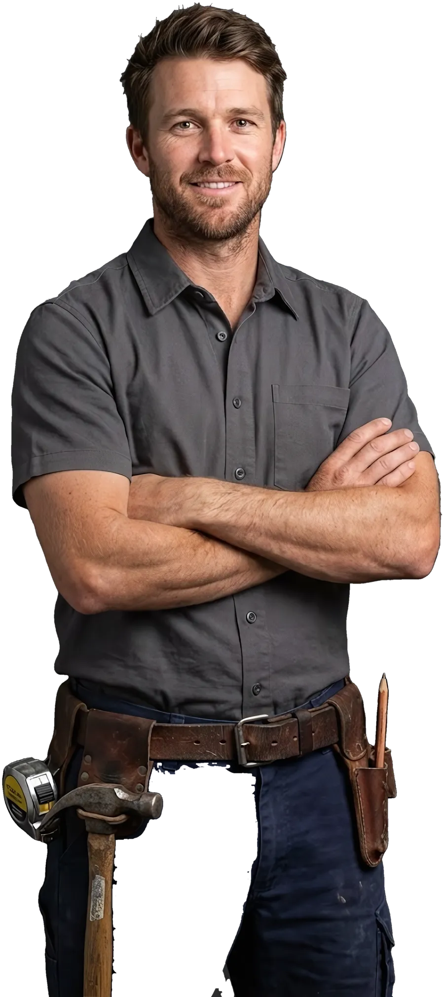 A carpenter in a work shirt, arms crossed, smiling
