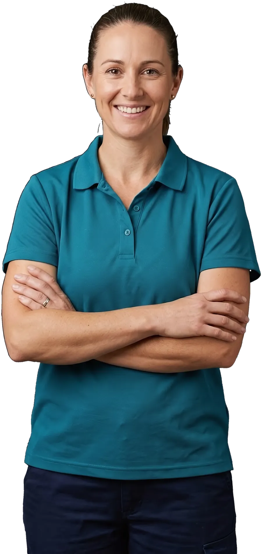 A cleaner in a work polo, arms crossed, smiling