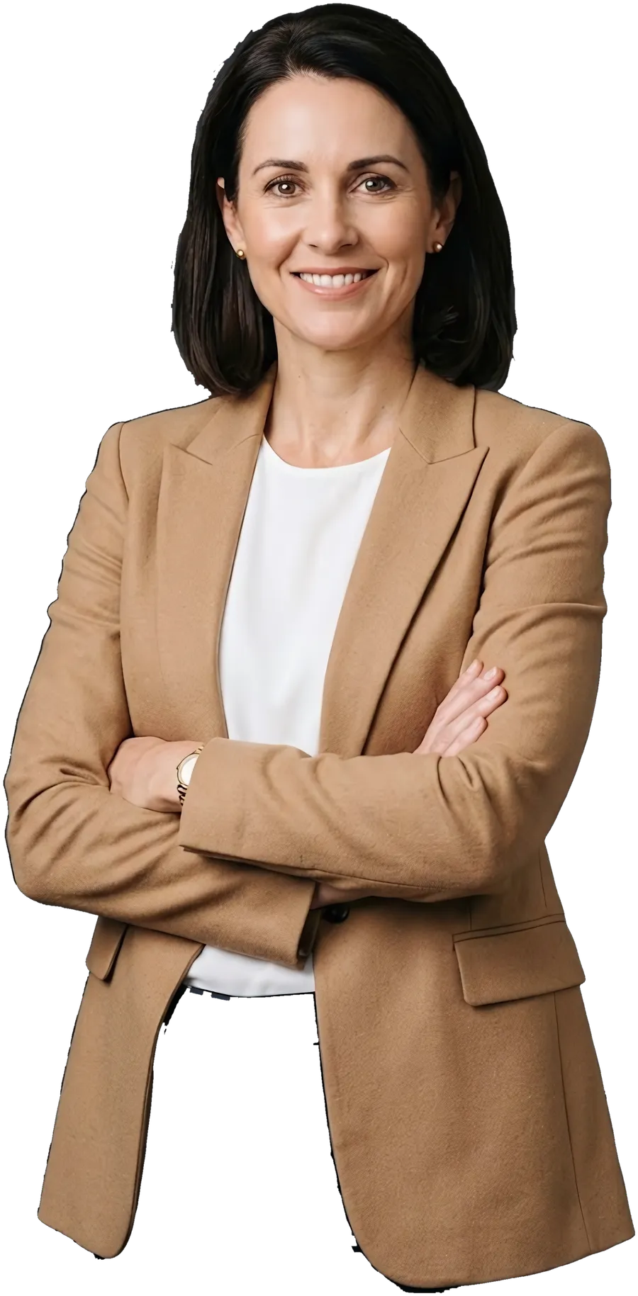 A consultant in a blazer, arms crossed, smiling