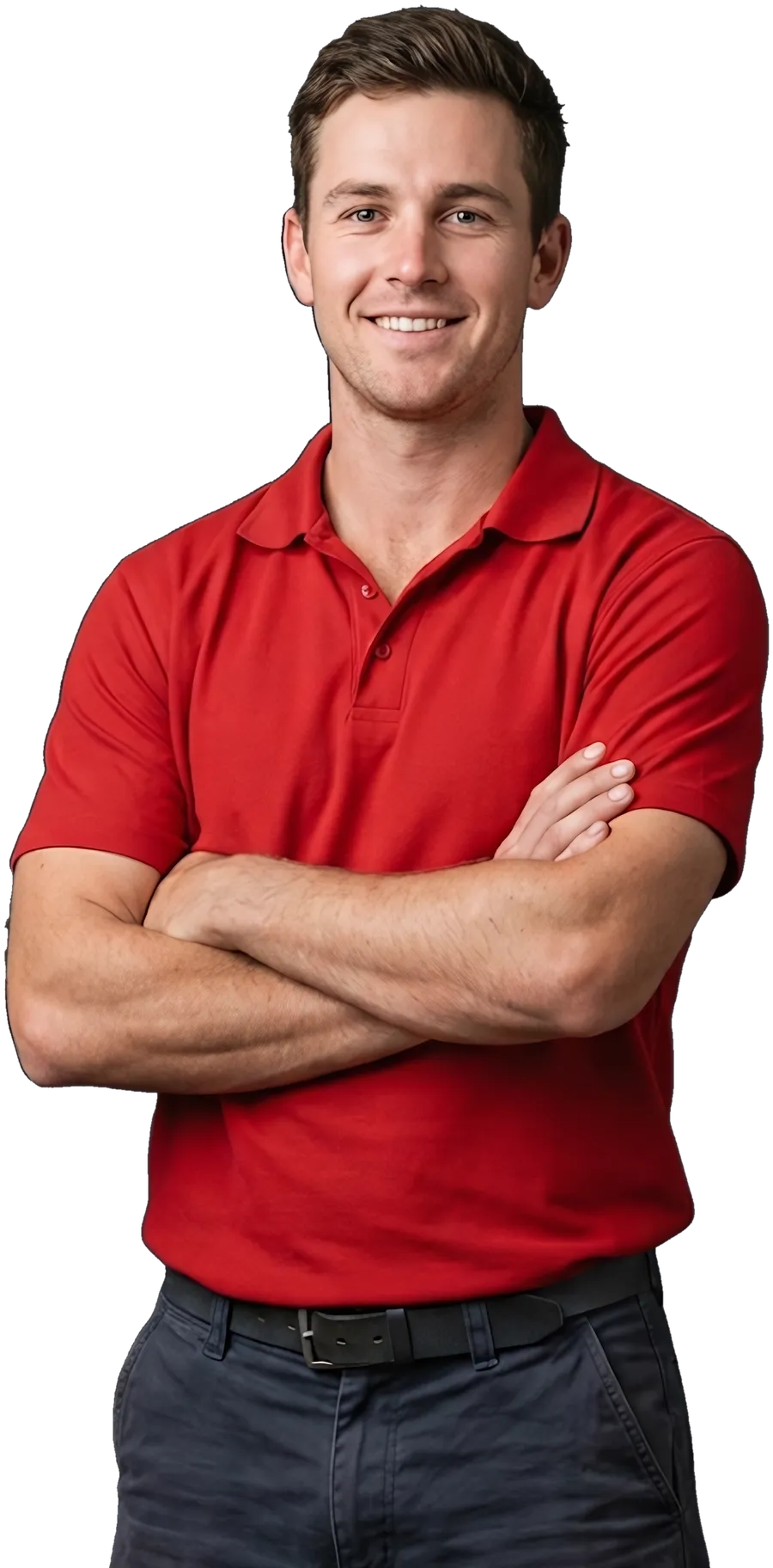 A courier in a work polo, arms crossed, smiling