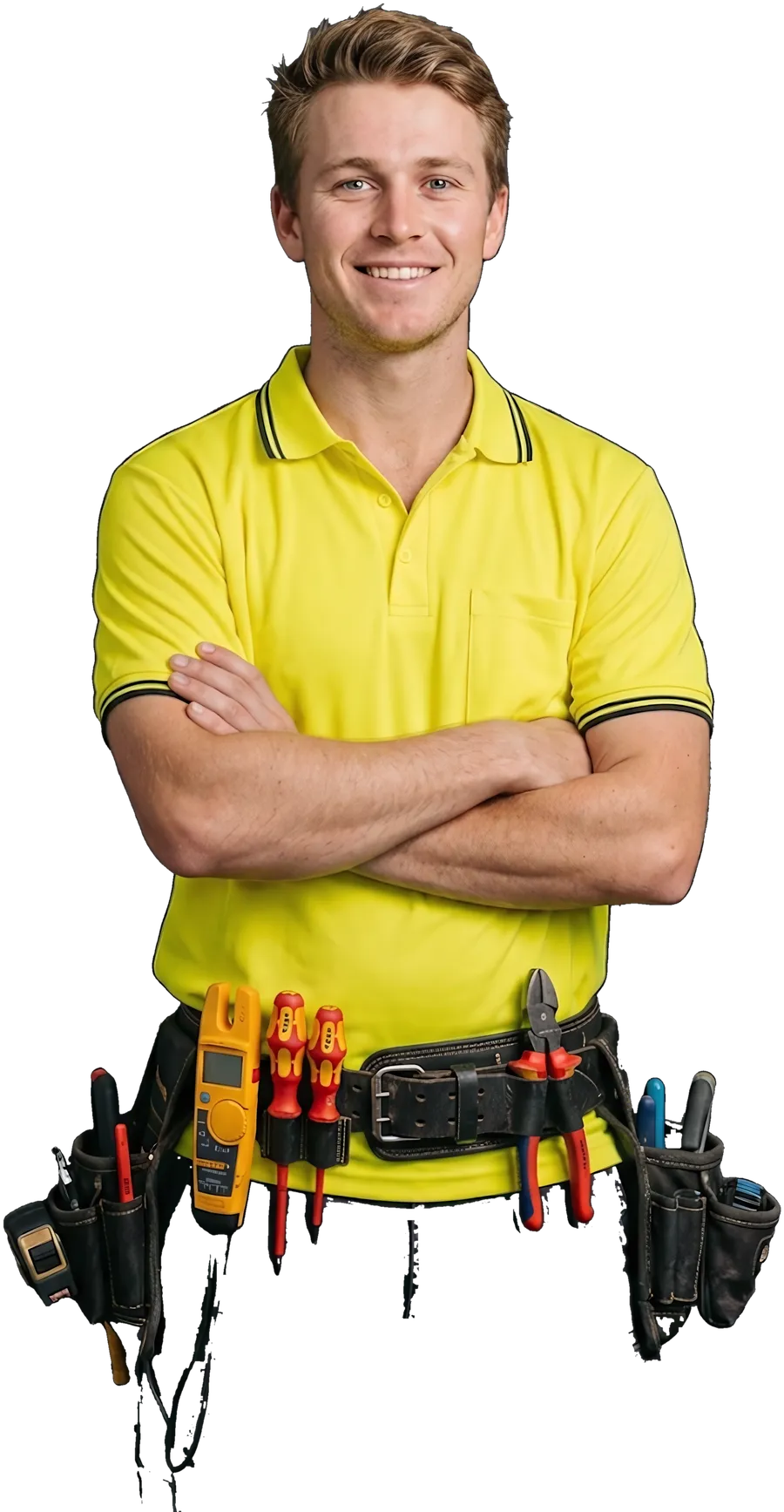 An electrician in a hi-vis polo, arms crossed, smiling