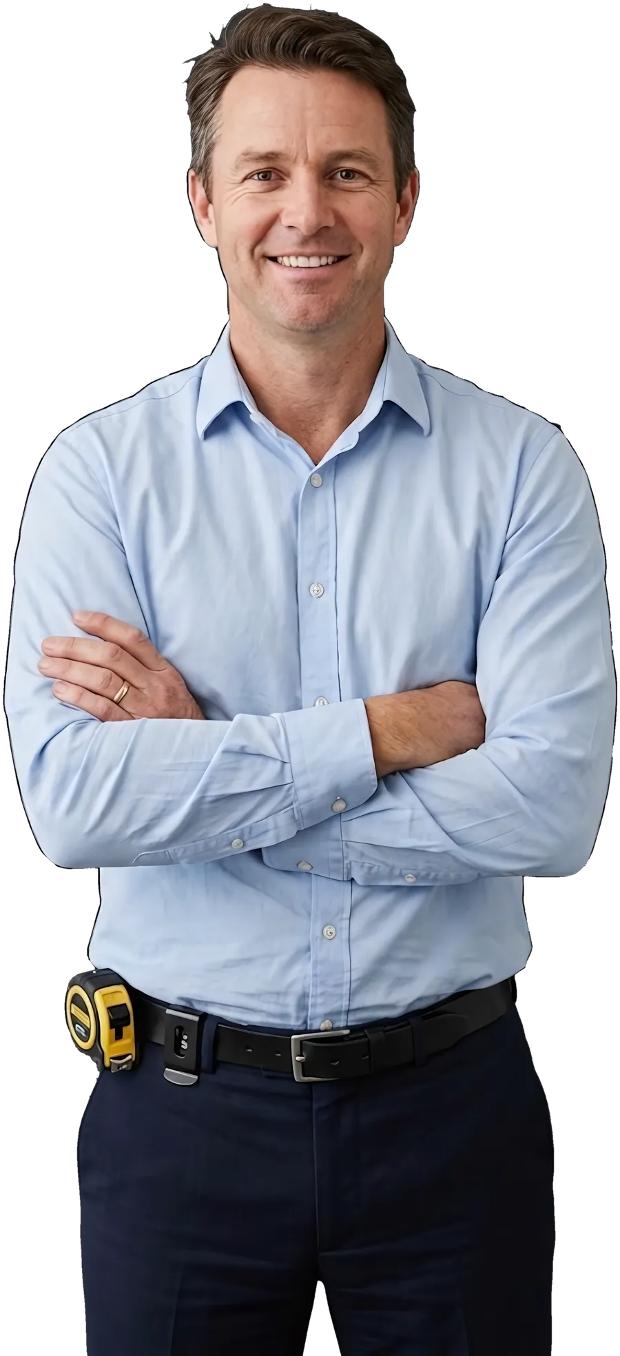 A flooring showroom owner in a business shirt, arms crossed, smiling