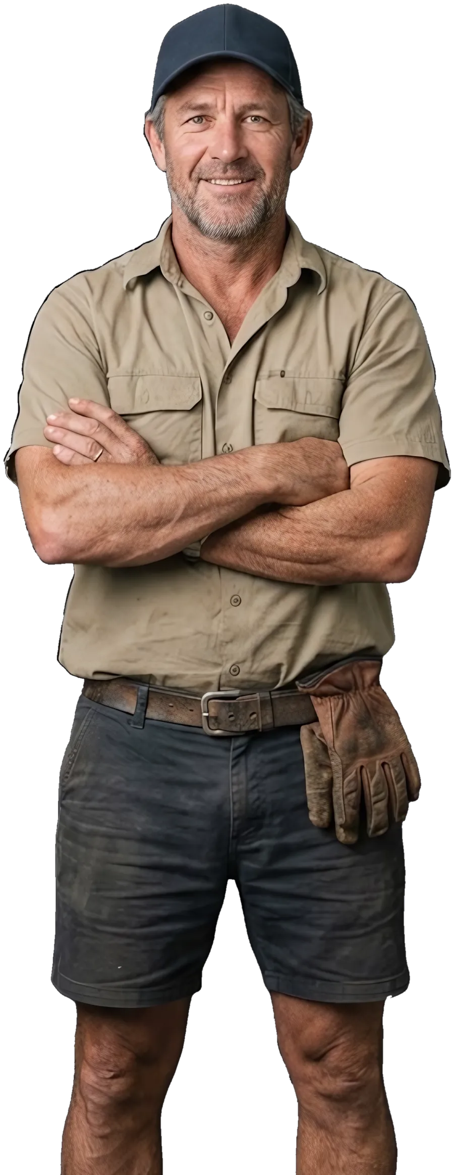 A landscaper in a work shirt and cap, arms crossed, smiling