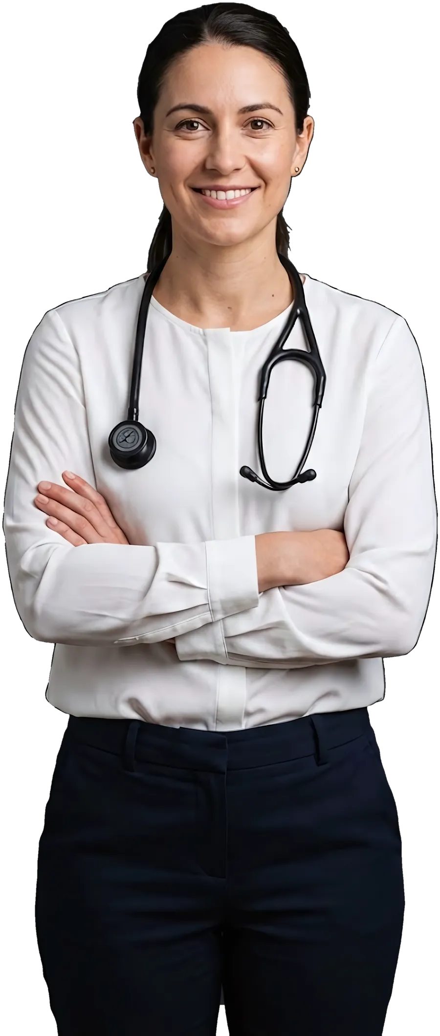 A GP in a clinic shirt, arms crossed, smiling