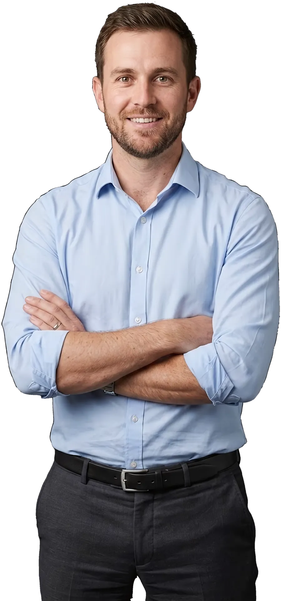 A mortgage broker in a business shirt, arms crossed, smiling