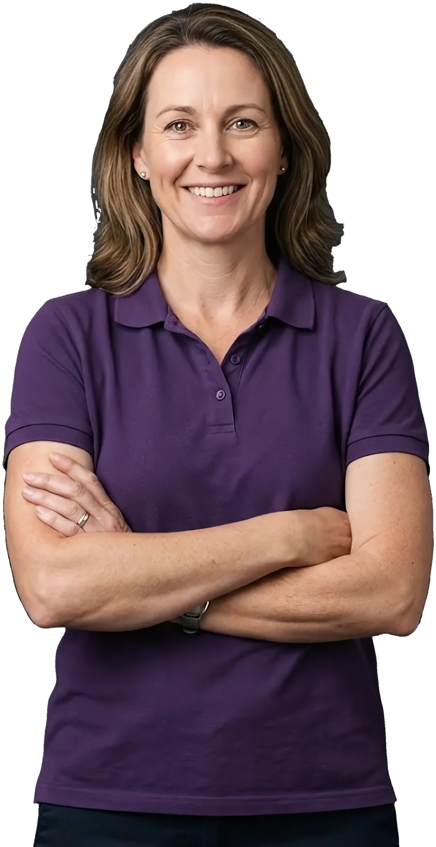 A support worker in a polo, arms crossed, smiling