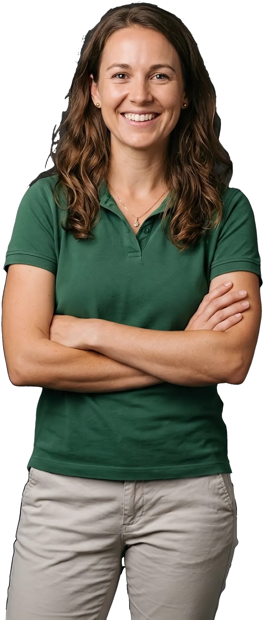 A not-for-profit coordinator in a branded polo, arms crossed, smiling