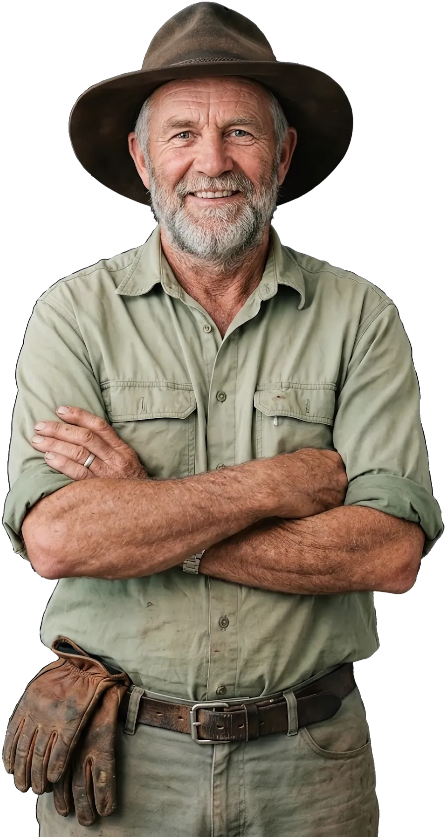 A nursery owner in a work shirt and hat, arms crossed, smiling