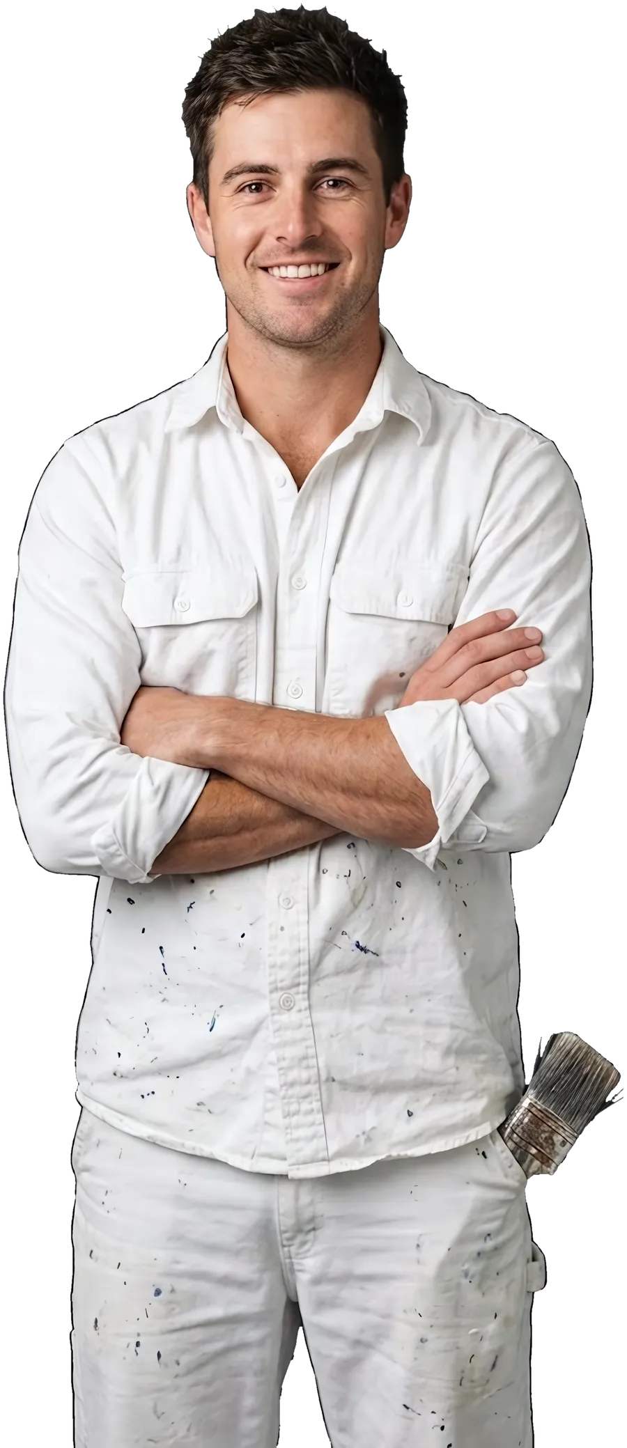 A painter in white work clothes, arms crossed, smiling