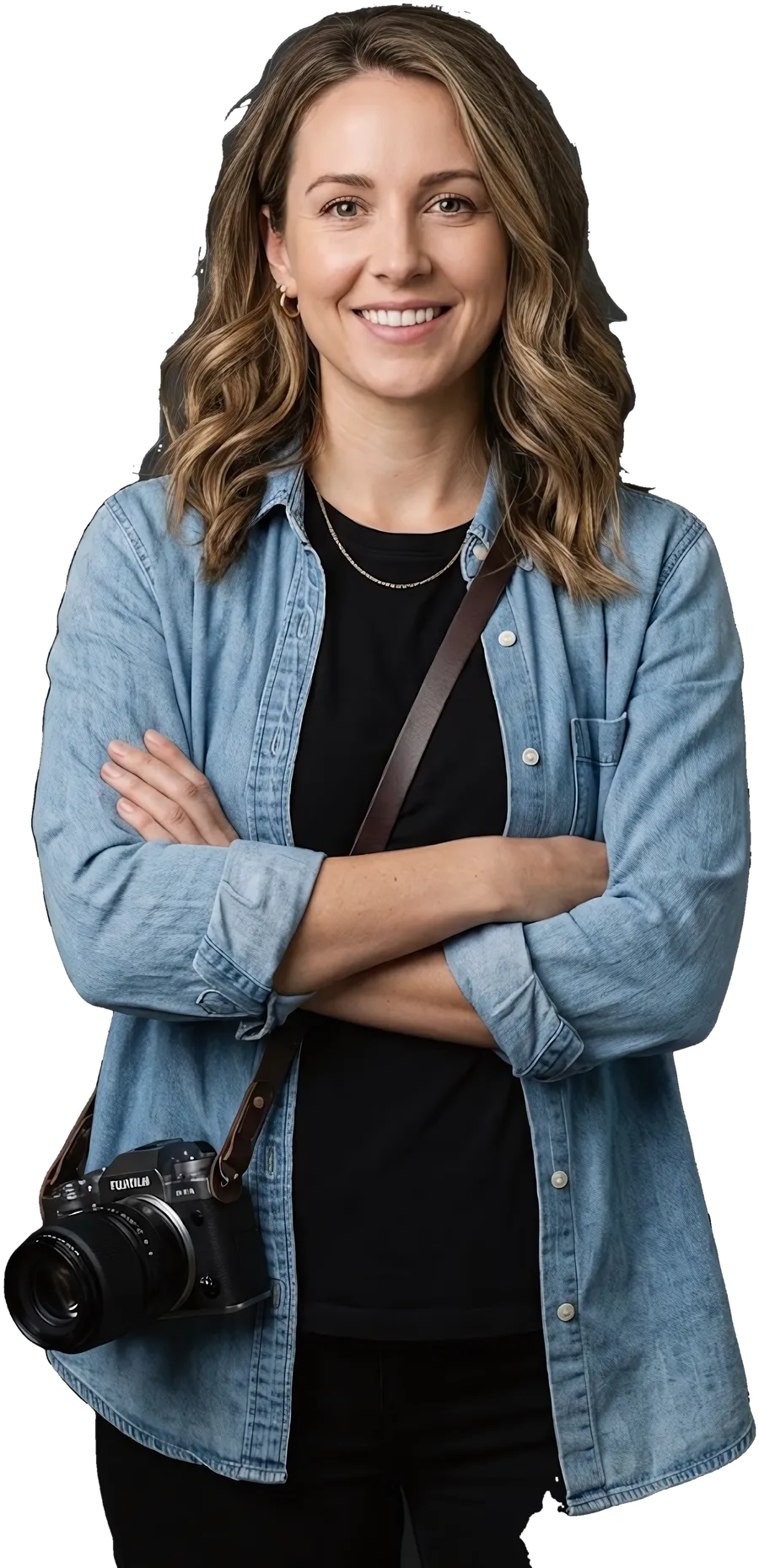 A photographer with a camera strap, arms crossed, smiling