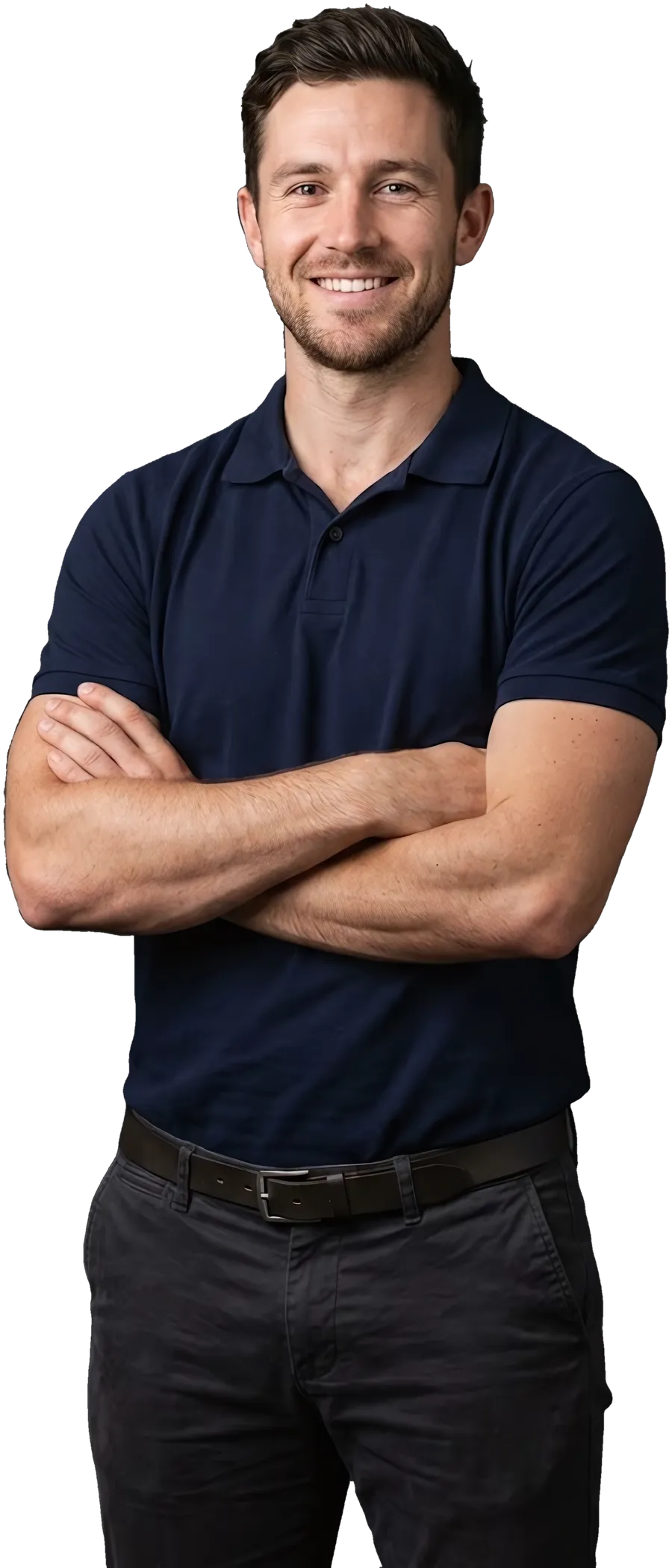 A physiotherapist in a clinic polo, arms crossed, smiling