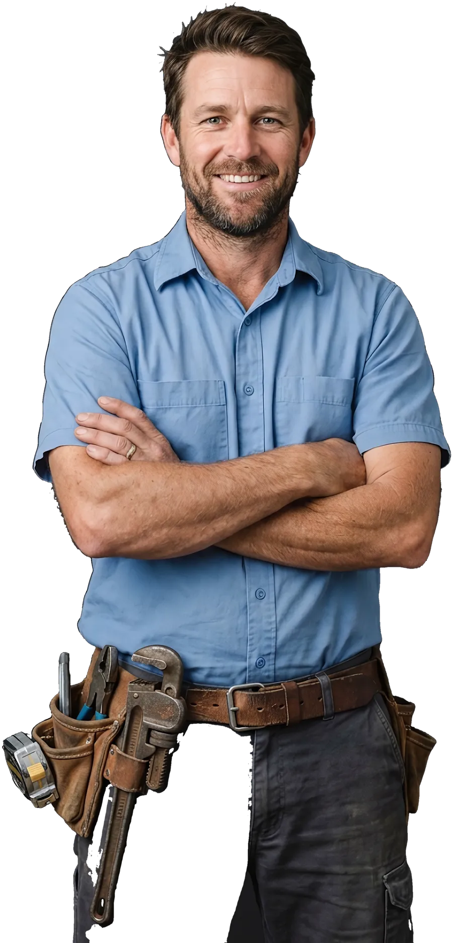 A plumber in a work shirt, arms crossed, smiling