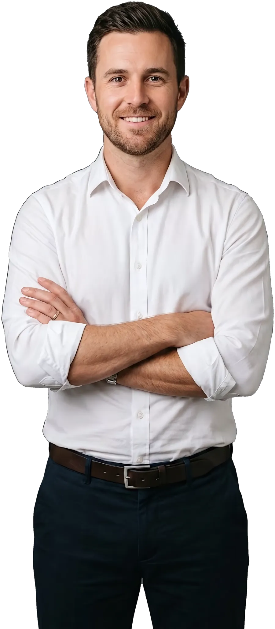 A recruiter in a blazer, arms crossed, smiling