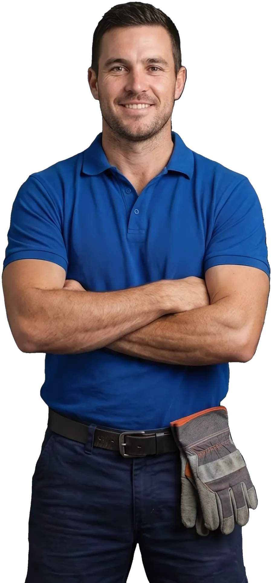 A removalist in a work polo, arms crossed, smiling