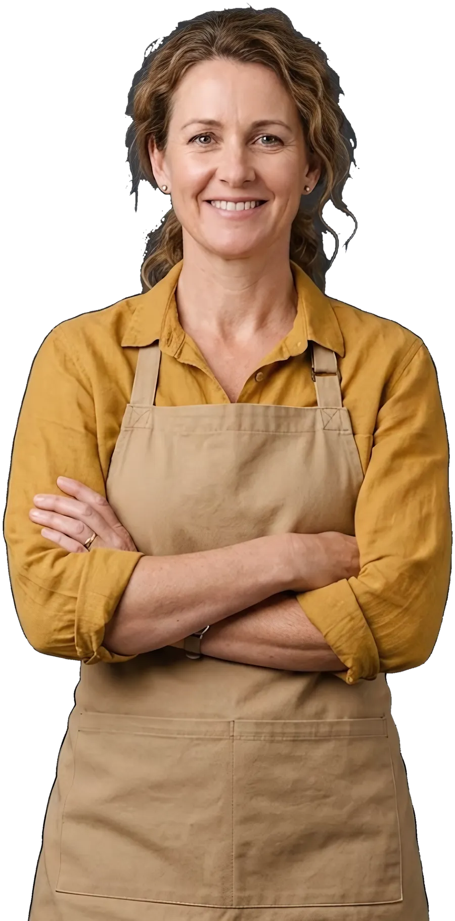A shop owner in a store apron, arms crossed, smiling