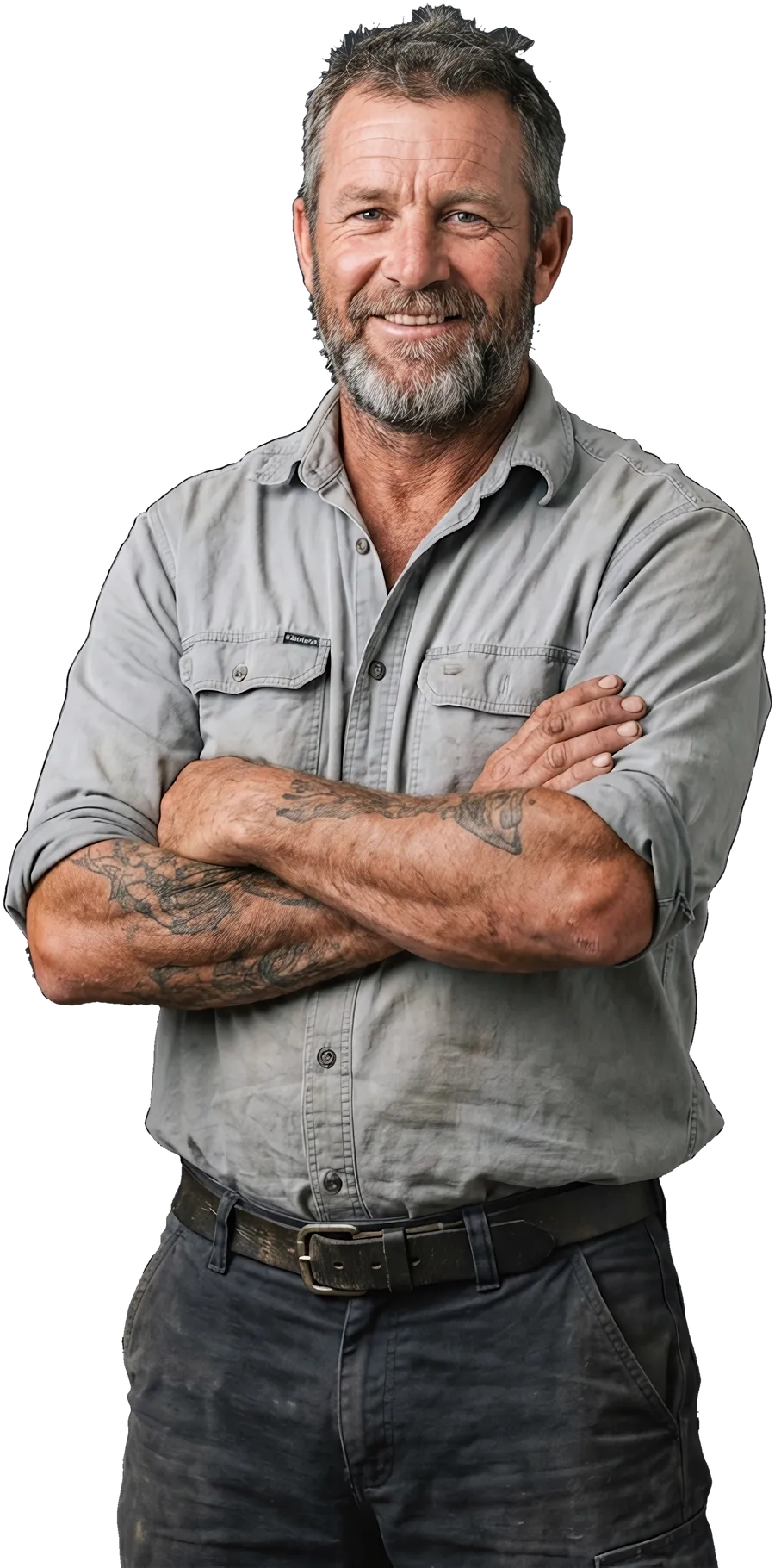 A roofer in a work shirt, arms crossed, smiling
