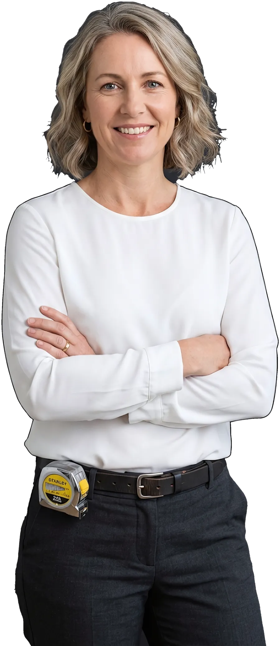 A shutters showroom owner in a business shirt, arms crossed, smiling