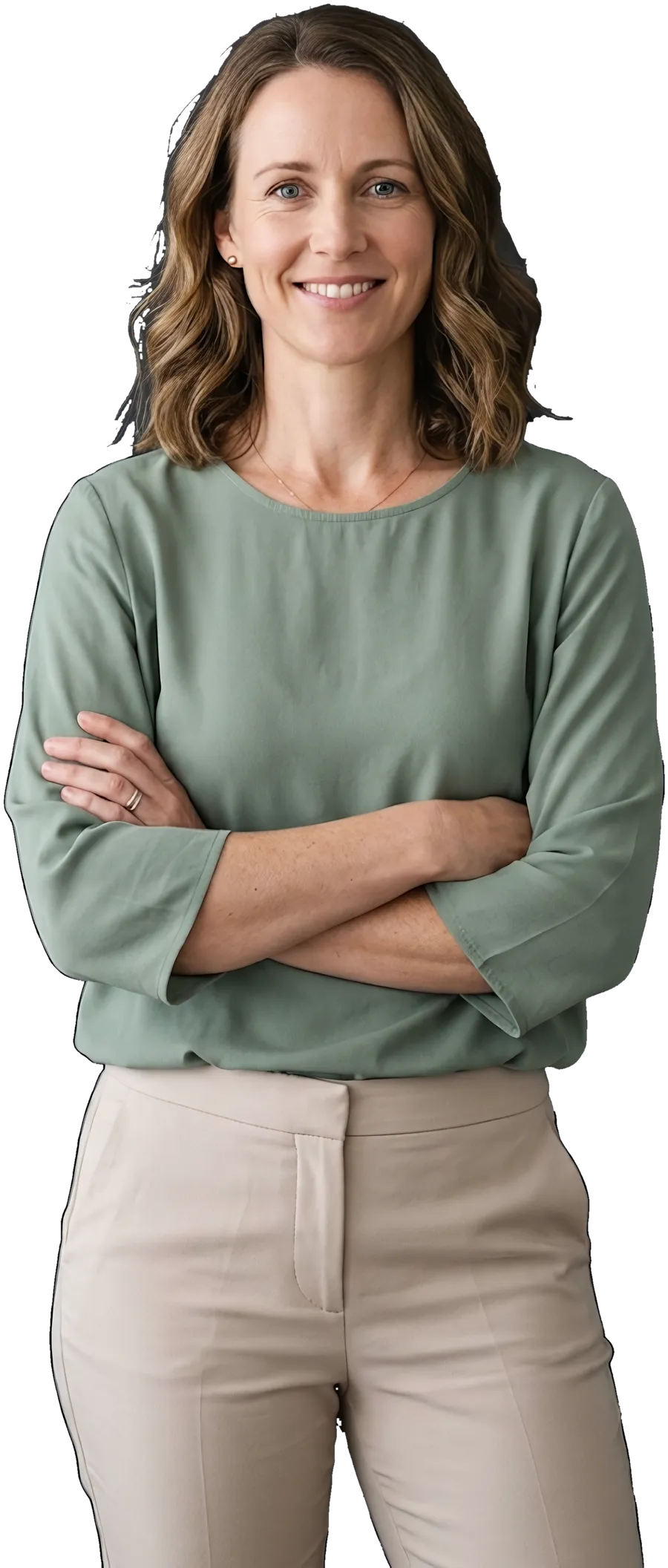 A psychologist in a sage blouse, arms loosely folded, smiling