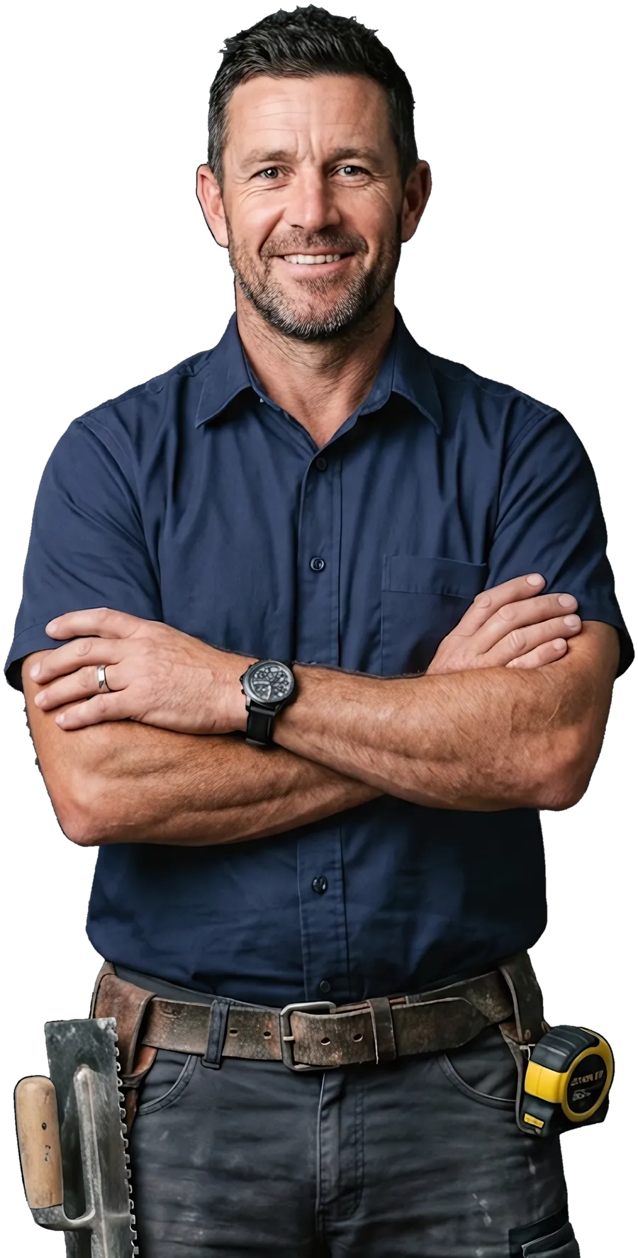 A tiler in a work shirt, arms crossed, smiling