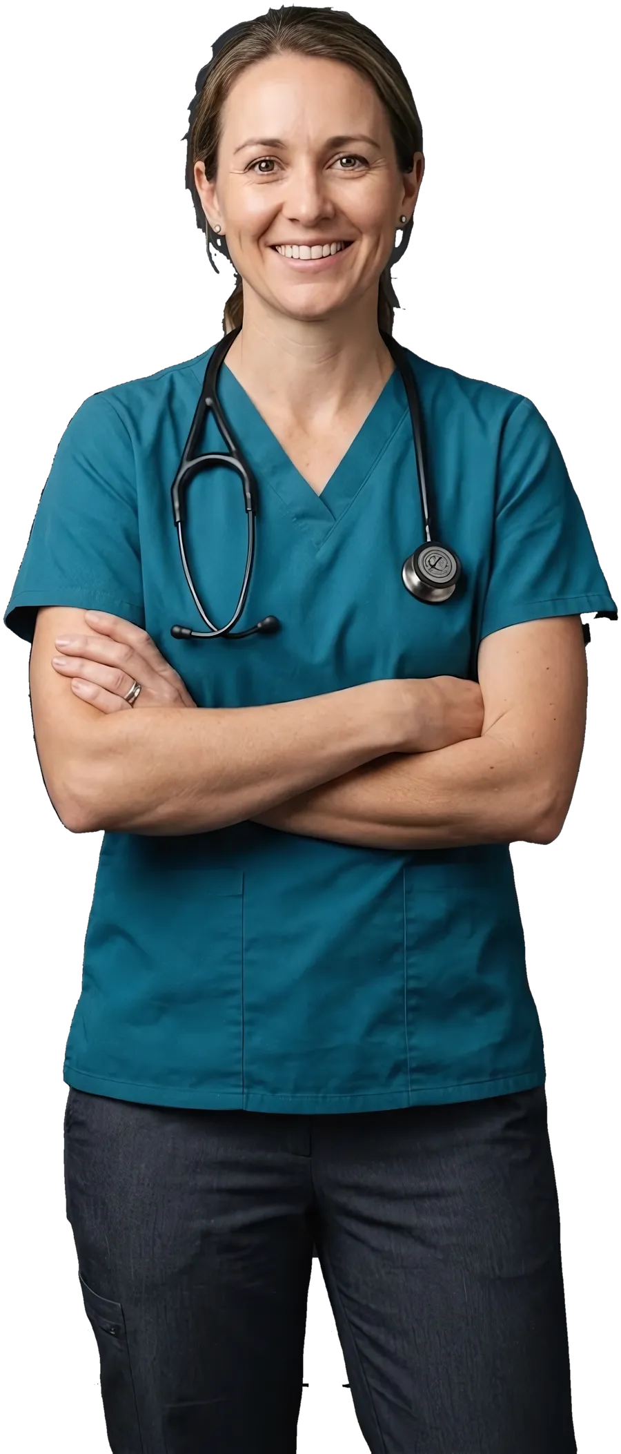 A vet in a clinic shirt, arms crossed, smiling