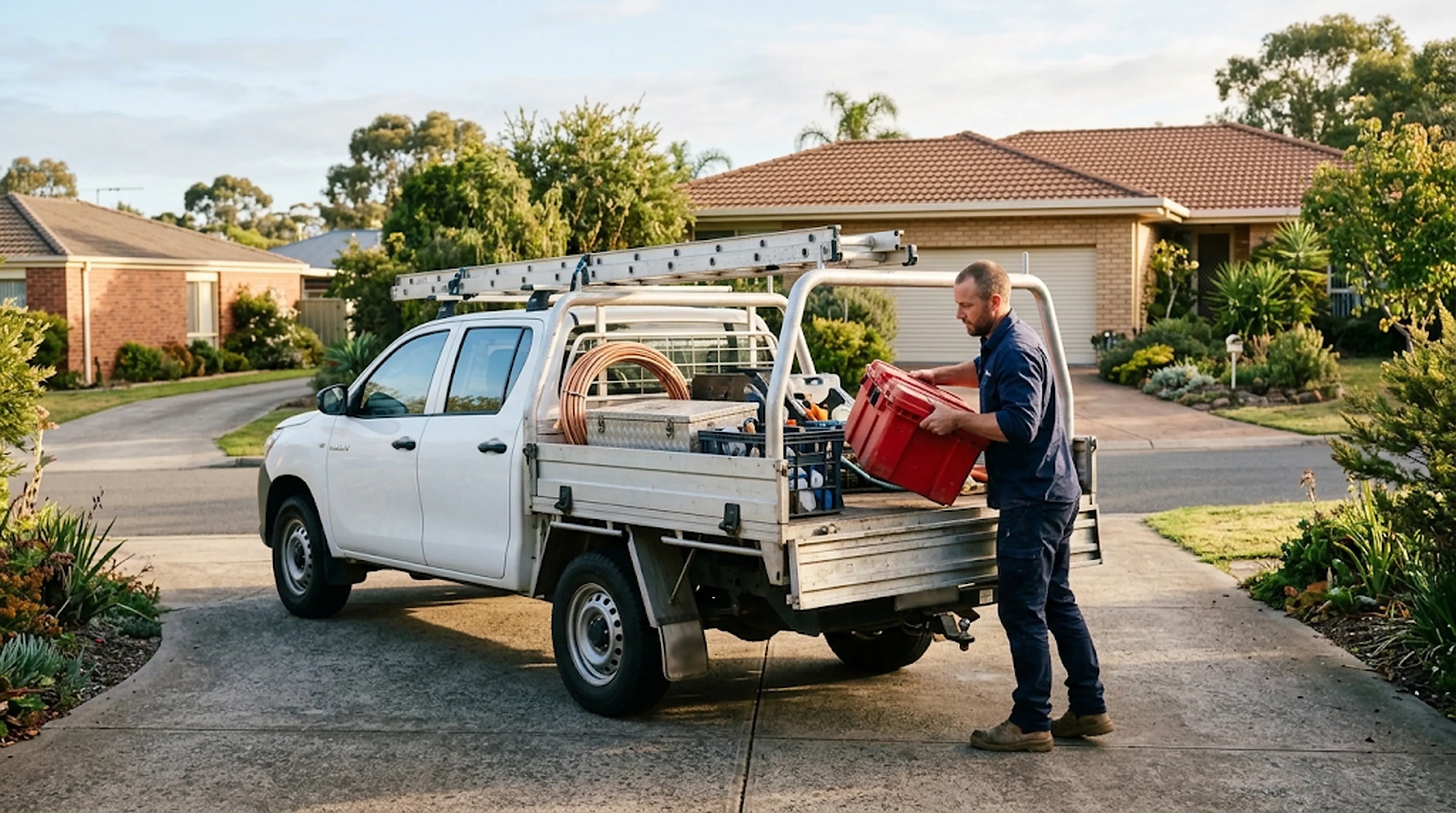 A plumber loading his ute in the morning