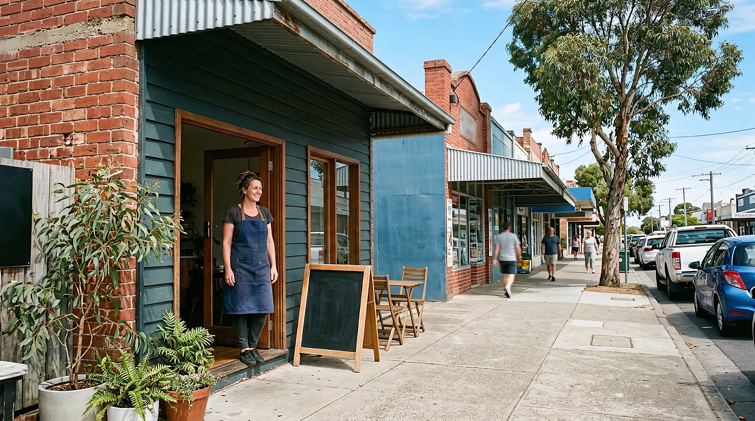 A cafe owner in the doorway of her cafe on a sunny suburban shopping strip