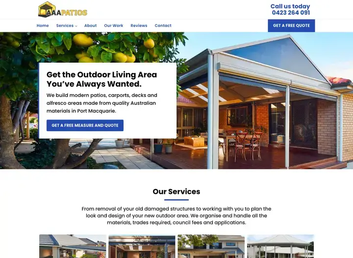 The AAA Patios website home page