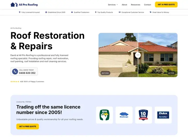 The All Pro Roof Restoration website home page