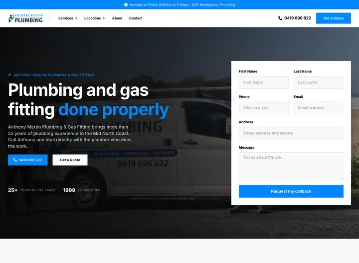The Anthony Martin Plumbing website home page