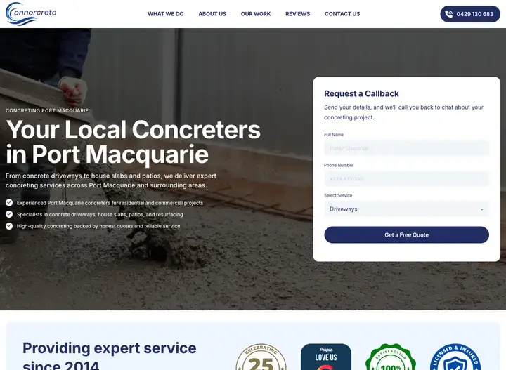 The Connorcrete website home page