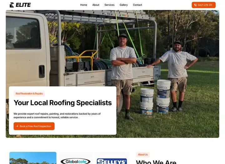 The Elite Roof Restoration website home page