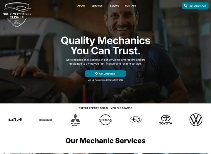 The Tom’s Mechanical Repairs website home page